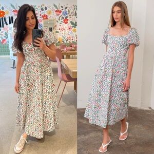 moon river cream puff sleeve midi dress Puff Sleeve Pleated Midi Dress In Cream Multi In White